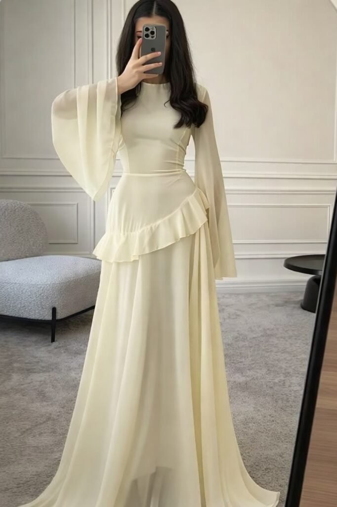 Pale Yellow Bell-Sleeve Maxi Dress + Diagonal Ruffle Detail + Matching Floor-Length Skirt