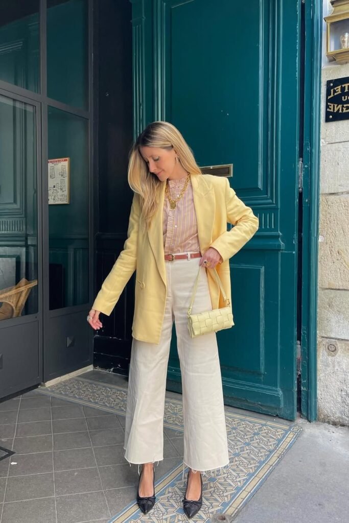 Pale Yellow Blazer + Pink Striped Button-Down + Cream Wide-Leg Trousers + Black Pointed Heels