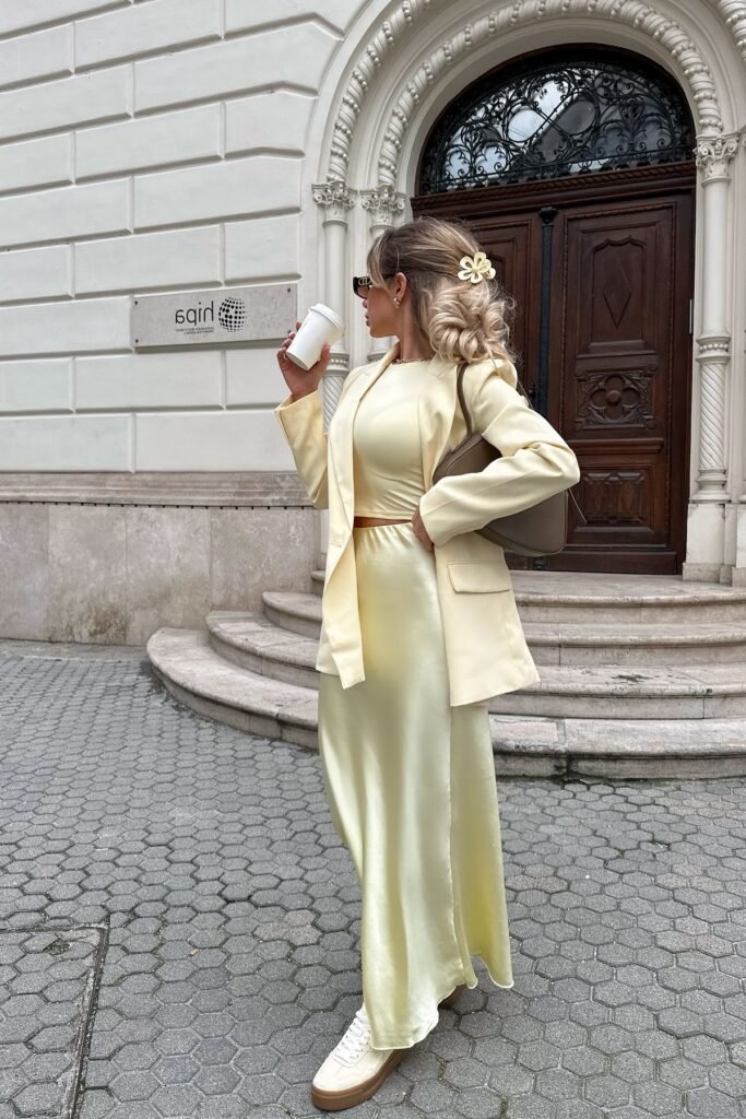 Pale Yellow Blazer and Crop Top Set + Matching Satin Maxi Skirt + White Platform Sneakers