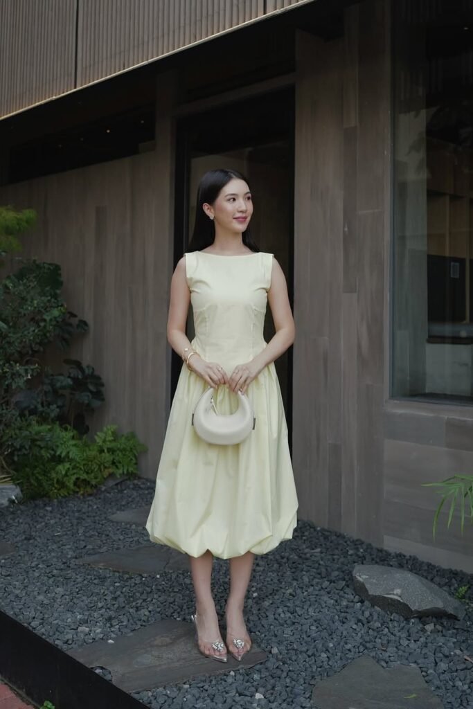 Pale Yellow Boat Neck Bubble Hem Dress + Clear Embellished Slingback Heels + White Half-Moon Bag