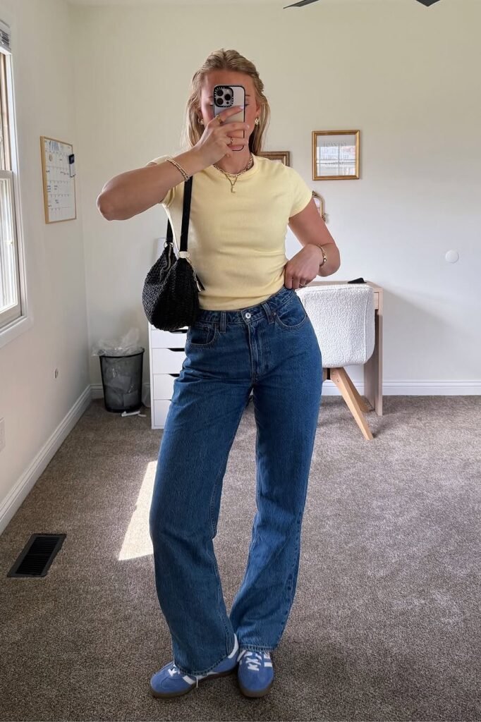 Pale Yellow Fitted T-Shirt + Dark Wash Straight-Leg Jeans + Blue Adidas Sneakers