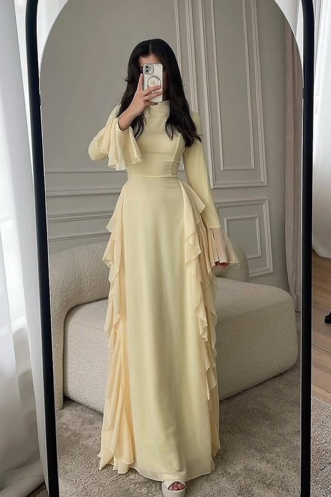 Pale Yellow Long-Sleeve Maxi Dress + Tiered Ruffle Skirt + White Platform Heels