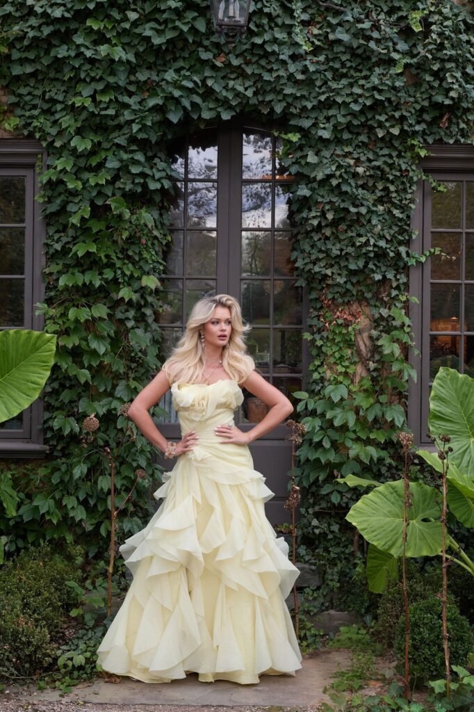 Pale Yellow Ruffled Organza Gown + Strapless Sweetheart Neckline + Tiered Skirt