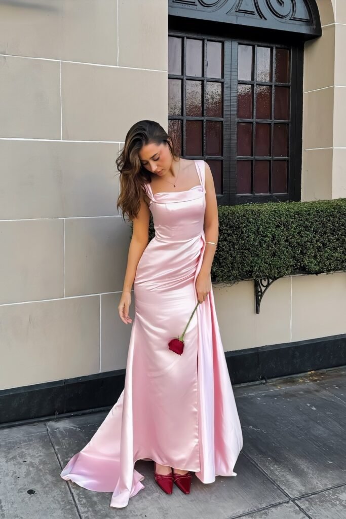 Pastel Pink Satin Square-Neck Gown + Red Velvet Pointed-Toe Heels