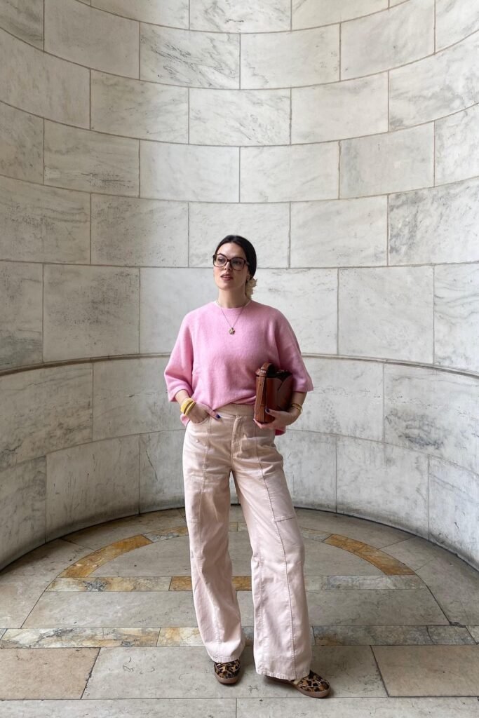 Pastel Pink Short-Sleeve Knit + Light Pink Cargo Trousers + Leopard Print Flats