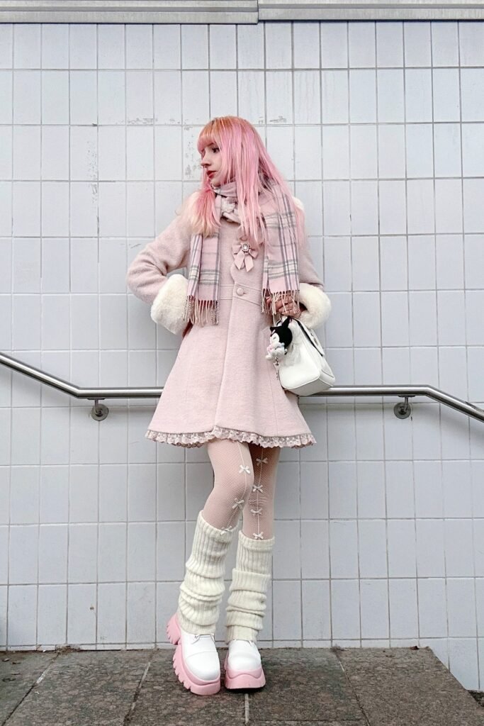 Pastel Pink Wool Coat + Plaid Scarf + White Bow-Pattern Tights + Chunky Cream Leg Warmers + White & Pink Platform Shoes