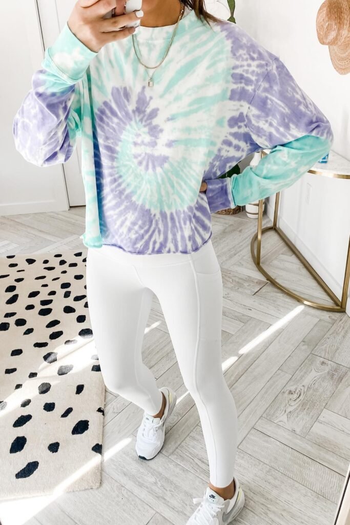 Pastel Purple & Teal Tie-Dye Sweatshirt + White Leggings + White Nike Sneakers