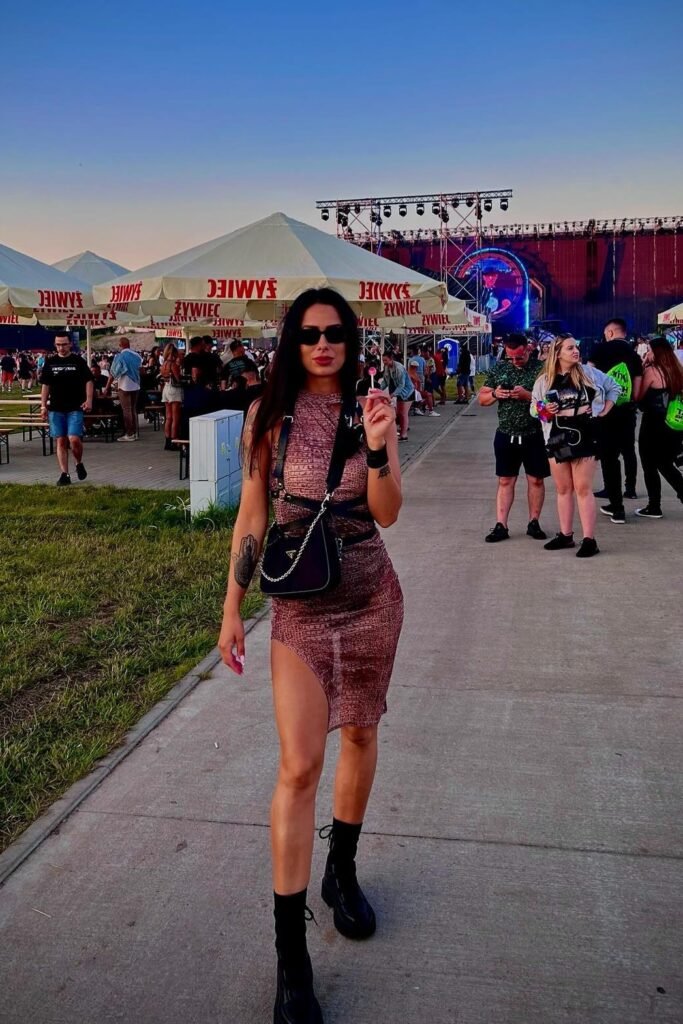 Patterned Bodycon Dress with Side Slit + Black Chest Harness + Black Combat Boots