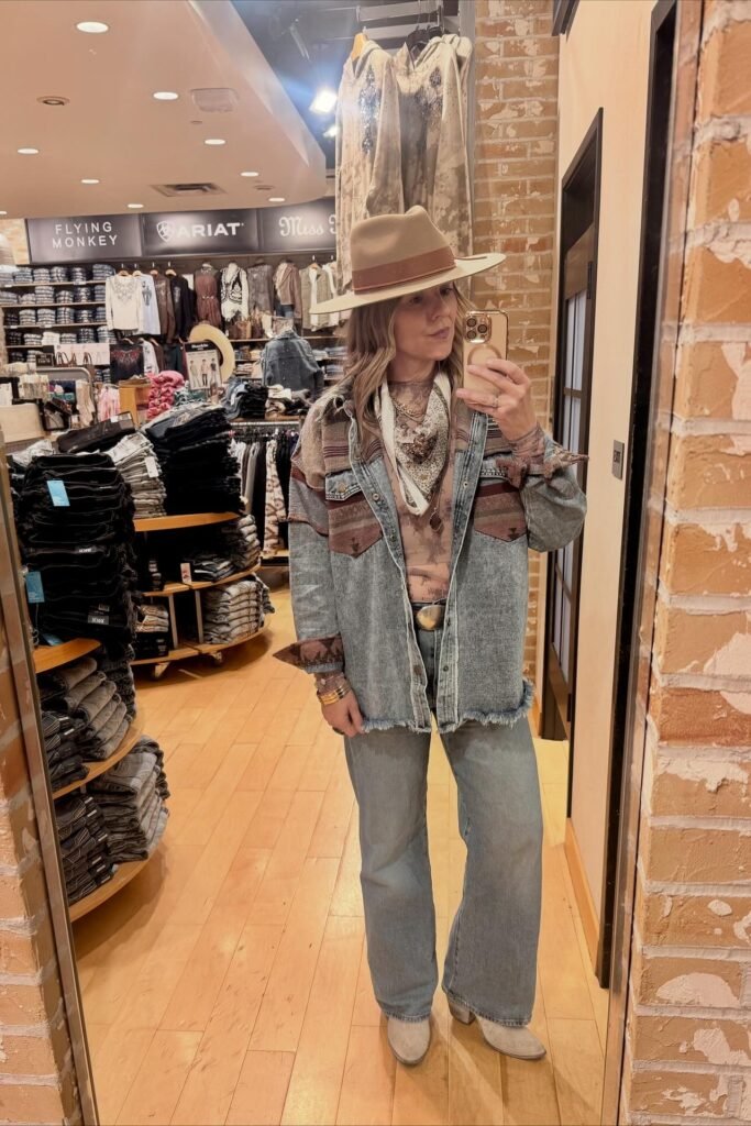 Patterned Denim Overshirt + Wide-Leg Light Wash Jeans + Beige Suede Boots