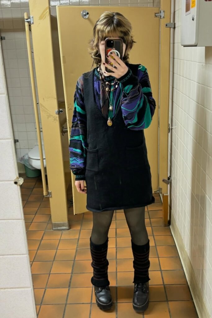 Patterned Knit Sweater + Black Vest Dress + Striped Leg Warmers + Black Platform Boots
