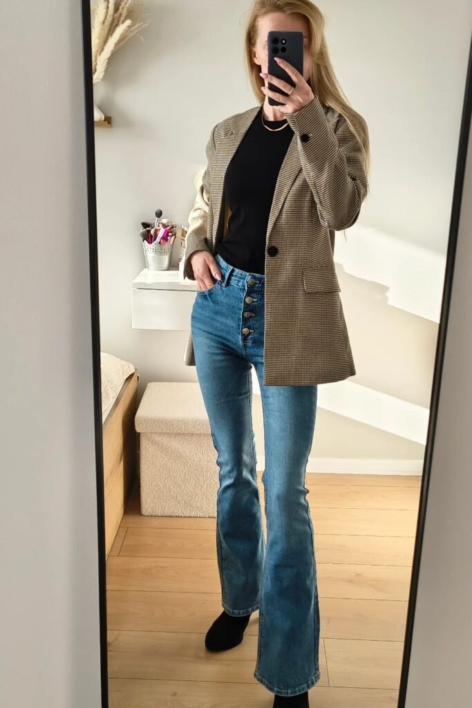 Patterned Tan Blazer + Black Top + Blue Flare Jeans + Black Boots