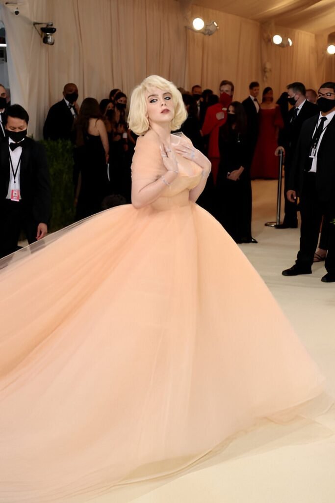 Peach Off-the-Shoulder Tulle Ballgown + Platinum Blonde Marilyn Monroe Style Bob + Silver Diamond Jewelry
