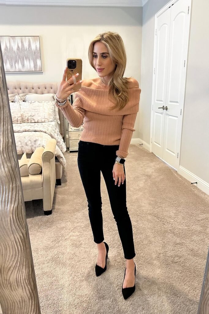 Peach Ribbed Off-the-Shoulder Sweater + Black Skinny Jeans + Black Pointed Heels