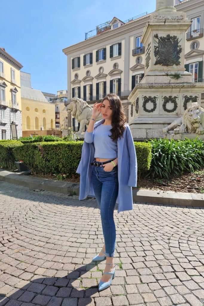 Periwinkle Blue Coat and Matching Knit Top + Medium Wash Skinny Jeans + Light Blue Pointed-Toe Heels