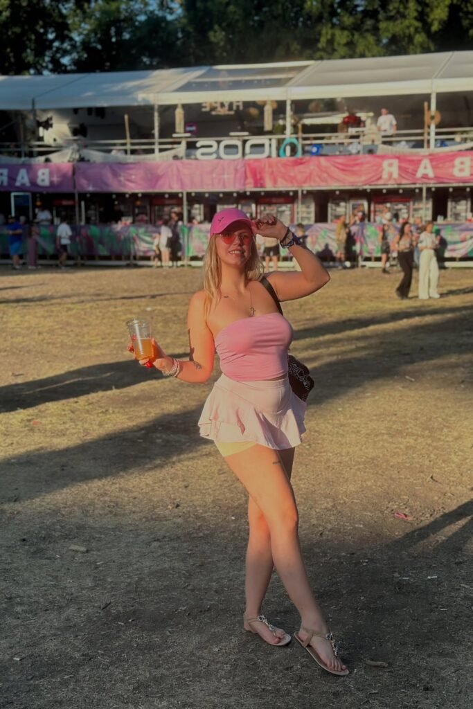 Pink Baseball Cap + Pink Tube Top + Light Pink Ruffled Mini Skirt + Embellished Sandals