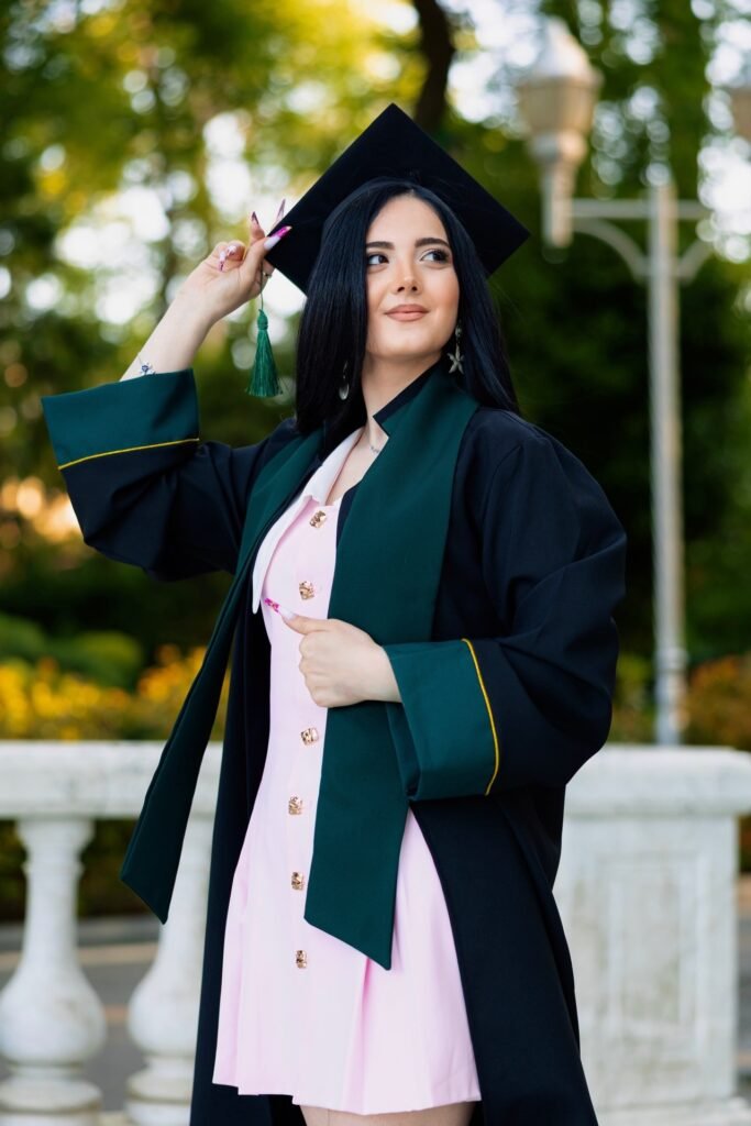 Pink Button-Up Mini Dress + Black Graduation Gown + Graduation Cap