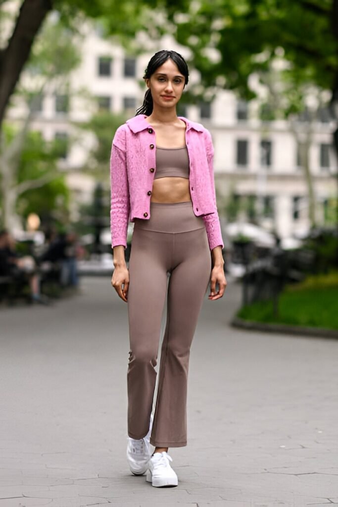 Pink Cardigan & Brown Crop Top + Brown Flared Leggings + White Platform Sneakers