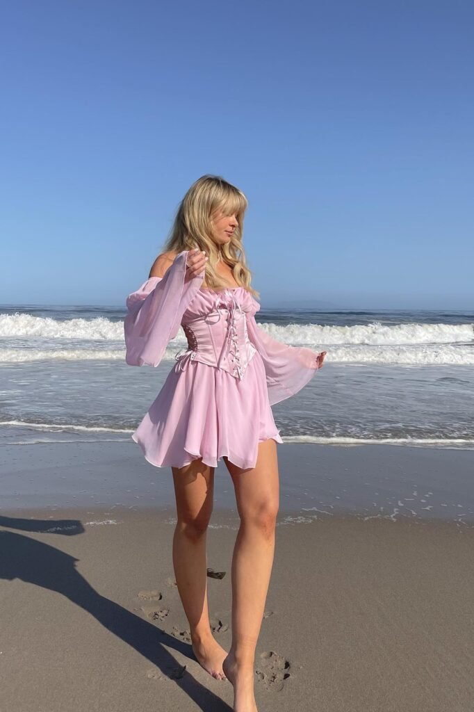 Pink Chiffon Corset-Style Mini Dress with Bell Sleeves + Barefoot