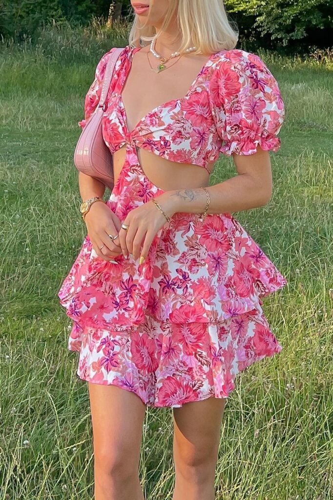Pink Floral Cut-out Mini Dress + Pink Shoulder Bag + Gold Jewelry