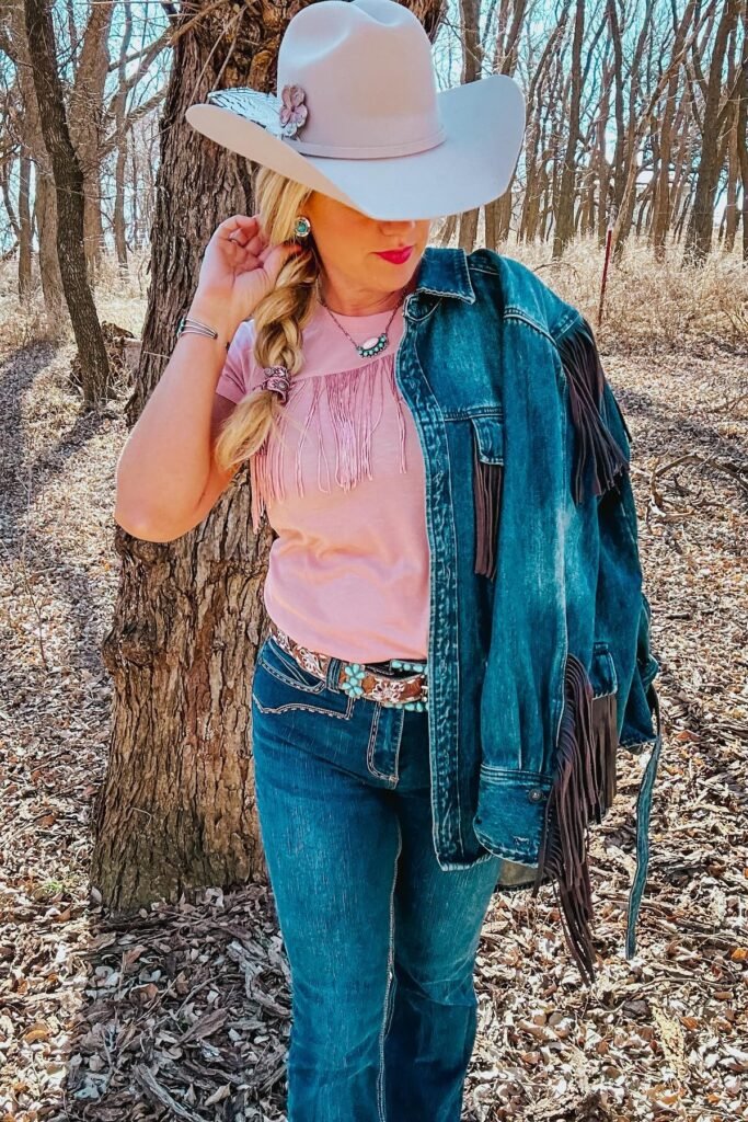 Pink Fringe T-Shirt + Dark Wash Bootcut Jeans + Light Grey Cowboy Hat