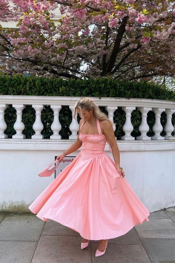 Pink Halter Neck Midi Dress + Matching Pink Handbag + Pink Pointed-Toe Slingbacks 