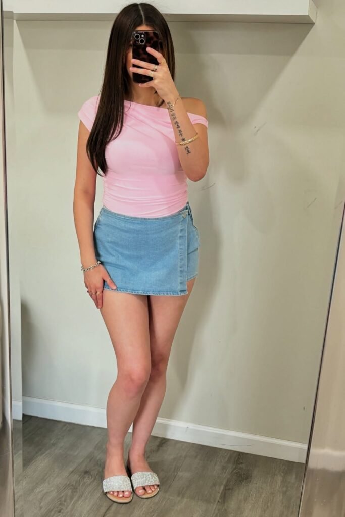 Pink Off-the-Shoulder Top + Light Wash Denim Skort + Sparkly Slide Sandals