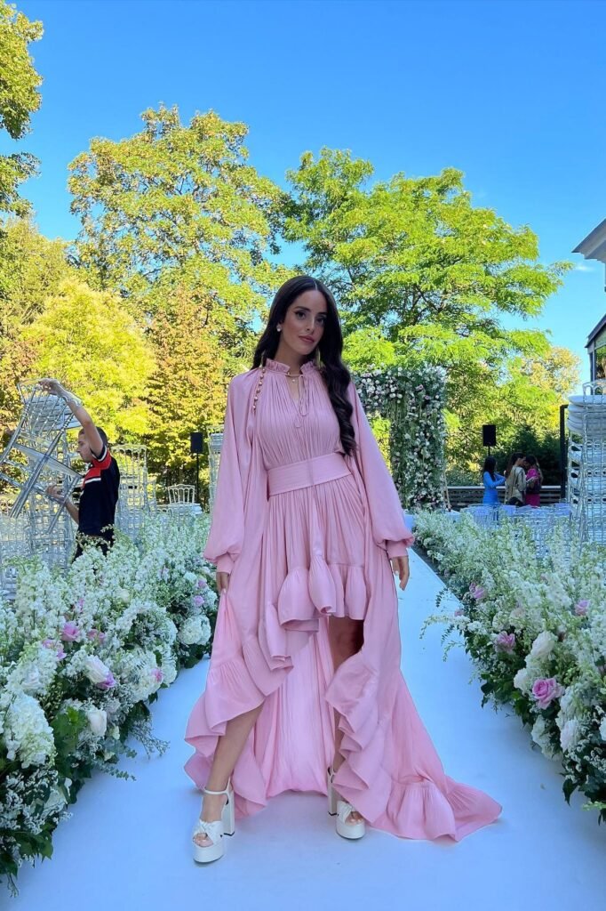 Pink Pleated High-Low Gown + White Platform Sandals
