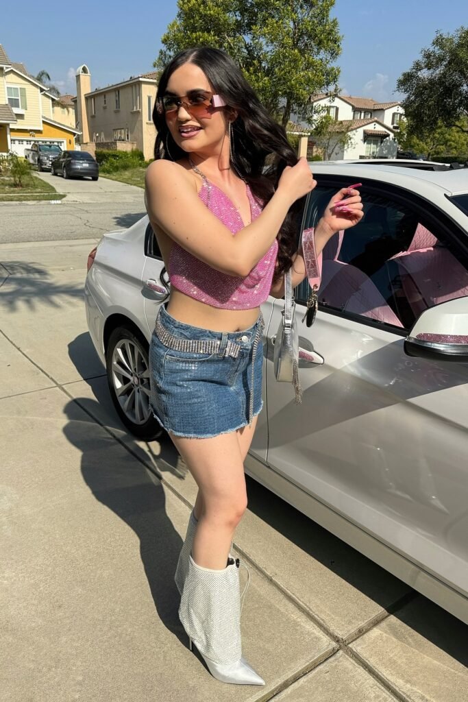 Pink Rhinestone Halter Top + Denim Mini Skirt + Slouchy Silver Boots