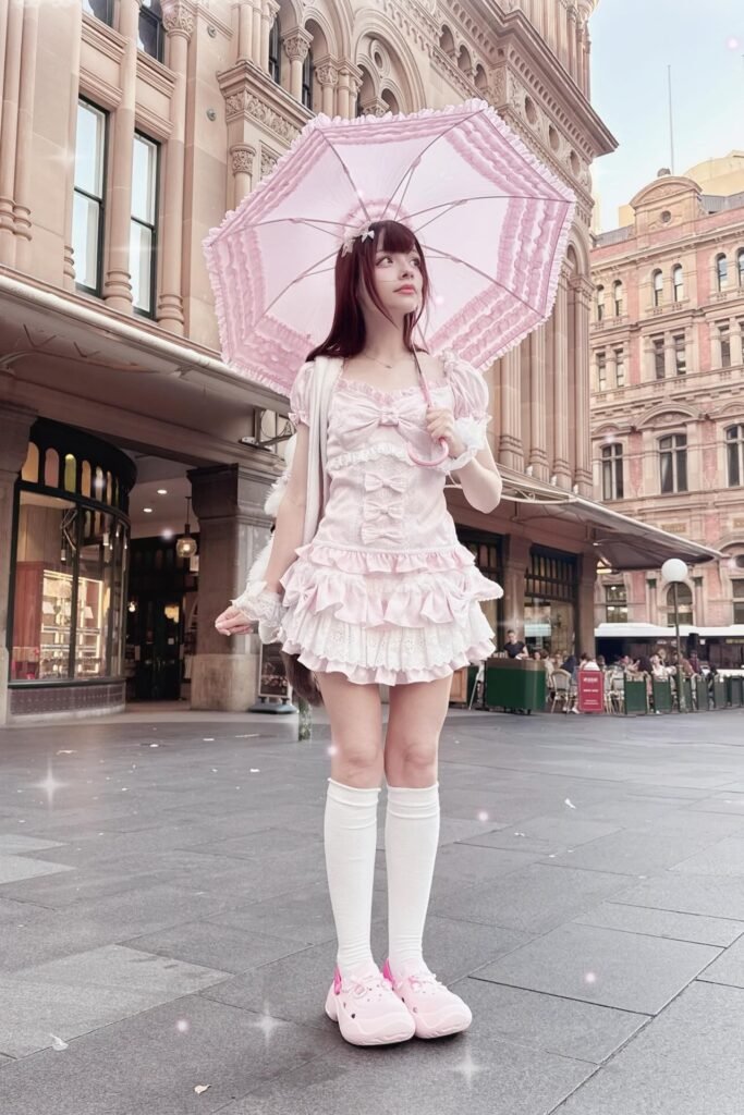 Pink Tiered Lace Mini Dress + White Knee-High Socks + Pastel Pink Platform Clogs + Pink Ruffle Parasol