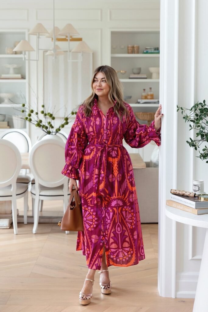 Pink and Orange Patterned Maxi Shirt Dress + Rose Gold Platform Sandals + Brown Leather Handbag