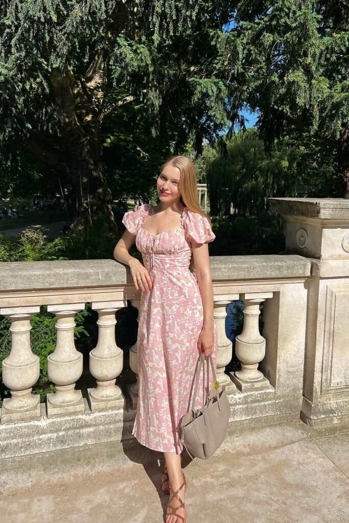 Pink and White Floral Puff-Sleeve Midi Dress + Taupe Tote Bag + Brown Strappy Sandals