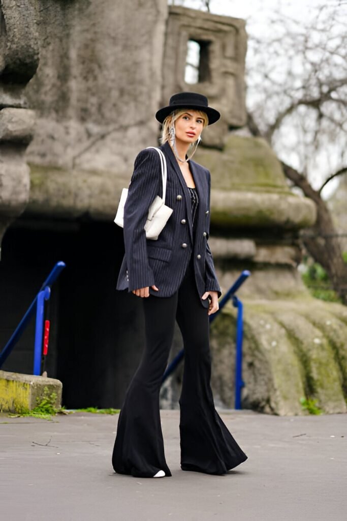 Pinstripe Navy Blazer & Black Bodysuit + Black Voluminous Flared Trousers + Black Boater Hat