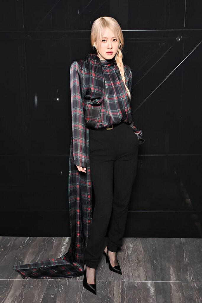 Plaid Asymmetrical Cape Blouse + Black High-Waisted Trousers + Black Pointed-Toe Pumps