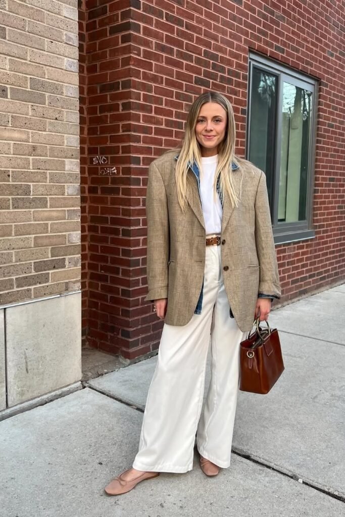 Plaid Beige Blazer + Denim Jacket Layer + White Wide-Leg Trousers + Nude Ballet Flats