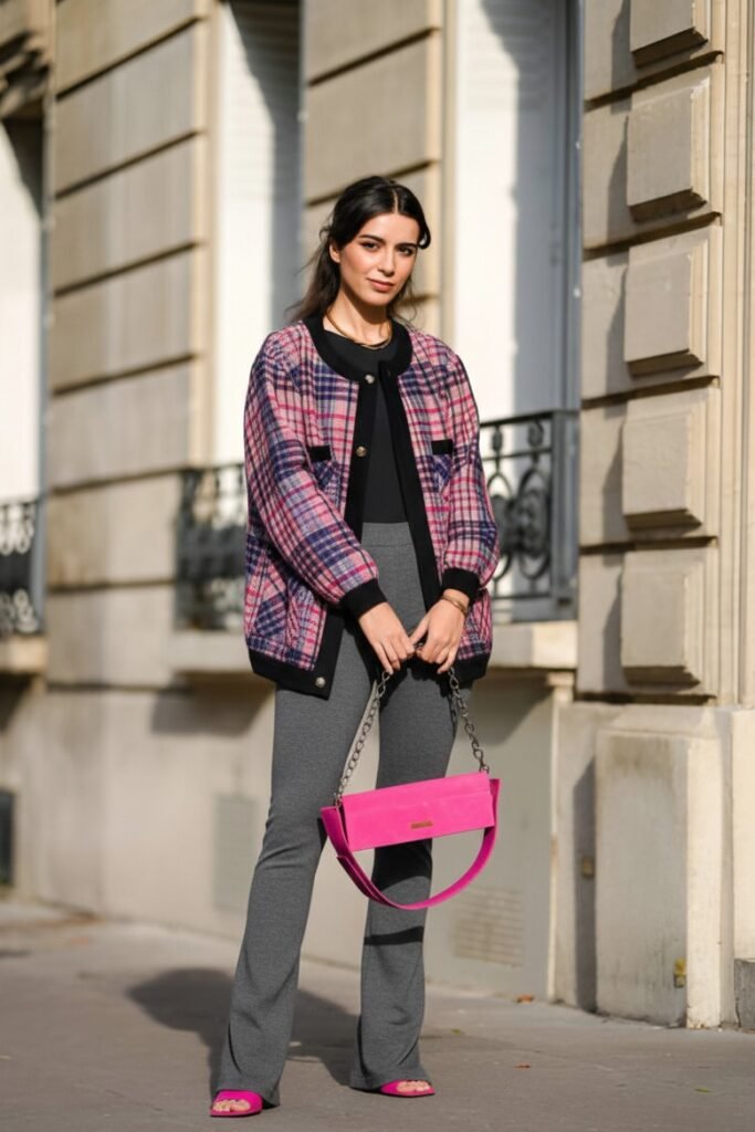 Plaid Cardigan + Black Top + Grey Flared Leggings + Pink Strappy Sandals