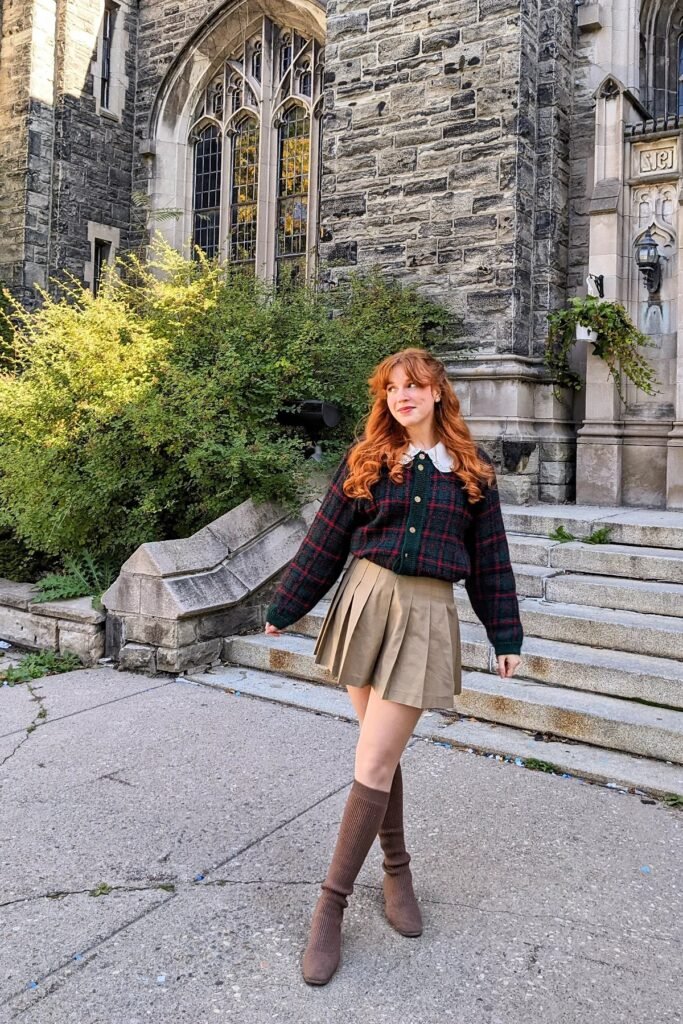 Plaid Cardigan with Peter Pan Collar + Khaki Pleated Mini Skirt + Brown Slouchy Boots