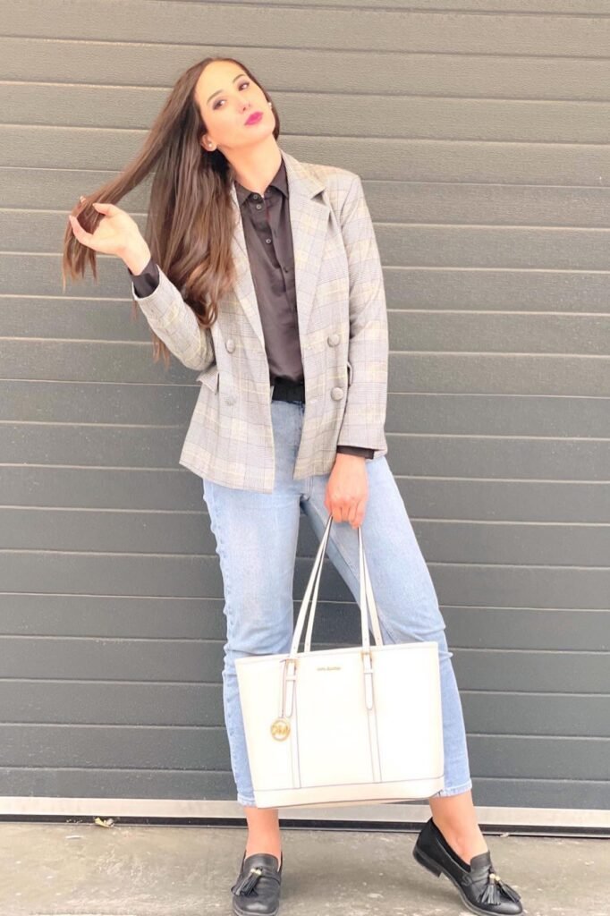 Plaid Grey Blazer + Black Button-Down Shirt + Light Wash Jeans + Black Tassel Loafers