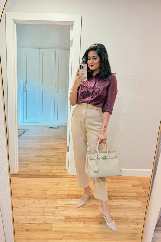 Plum Embroidered Short-Sleeve Blouse + Beige High-Waisted Trousers + Nude Mary Jane Heels