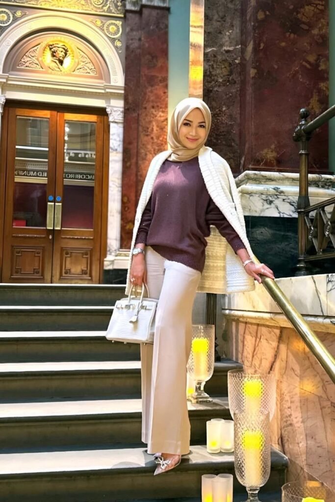 Plum Knit Sweater + Cream Wide-Leg Trousers + White Textured Cardigan