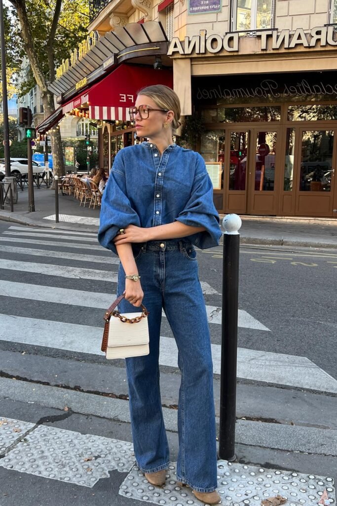 Puff-Sleeve Denim Shirt + Wide-Leg Denim Jeans + Tan Suede Boots