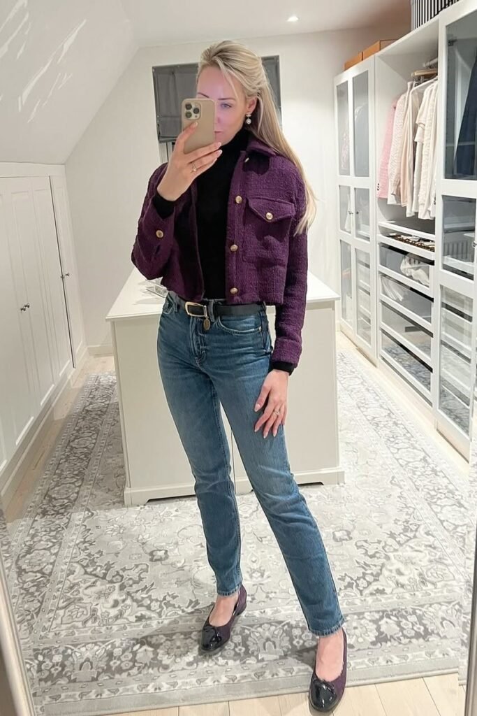 Purple Cropped Jacket + Black Turtleneck + Blue Straight-Leg Jeans + Purple Pointed-Toe Flats