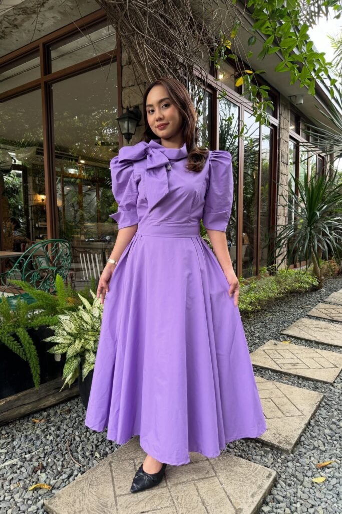 Purple Puff-Sleeve Bow-Neck Maxi Dress + Black Pointed Flats