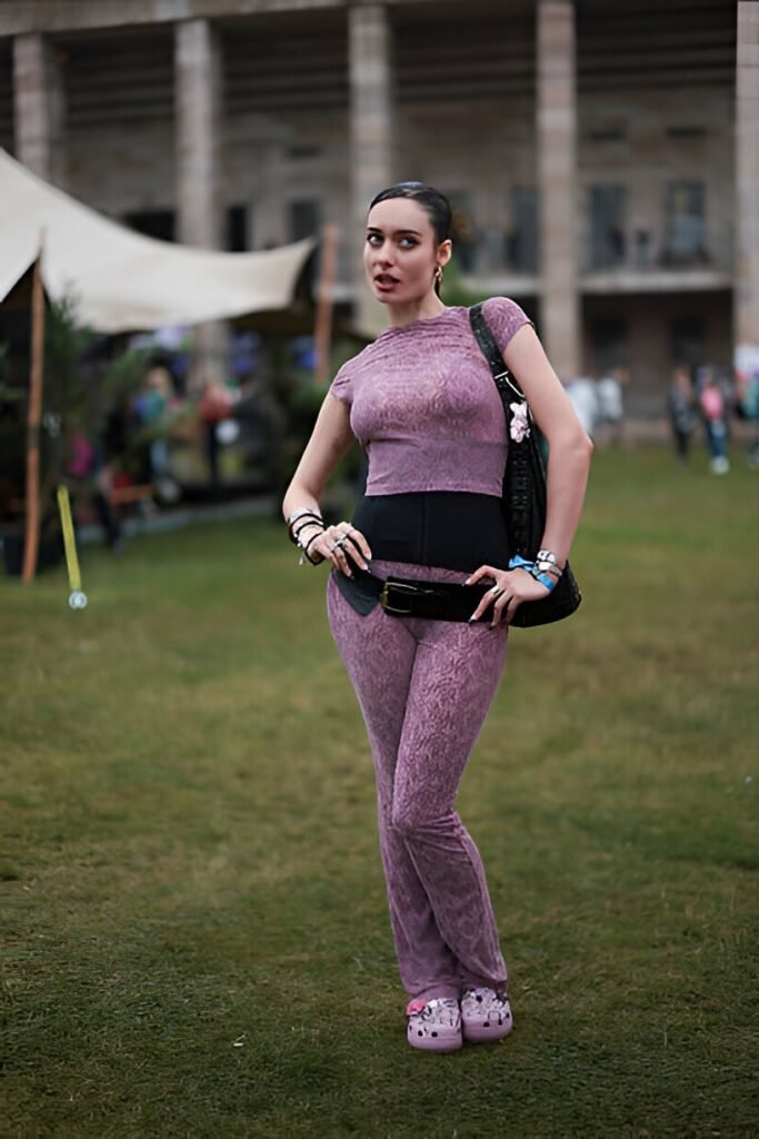 Purple Textured Top + Matching Flared Trousers + Pink Patterned Clogs
