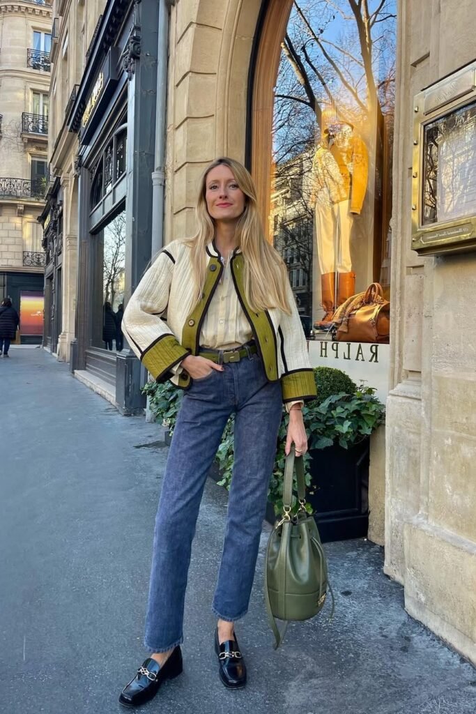 Quilted Cream and Green Jacket + Yellow Striped Shirt + Medium Wash Jeans + Black Loafers