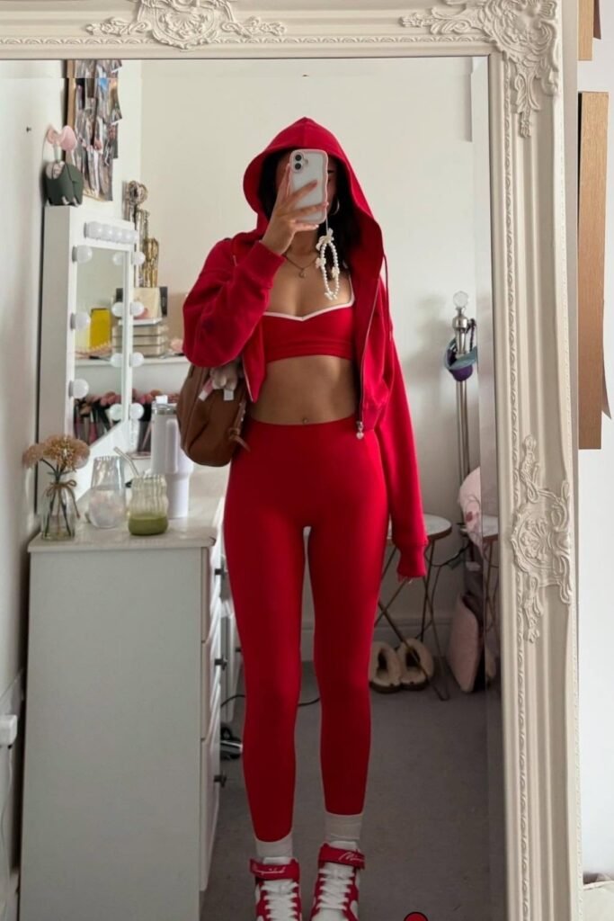 Red Cropped Zip-up Hoodie + Red Trimmed Sports Bra & Leggings + Red & White High-Tops