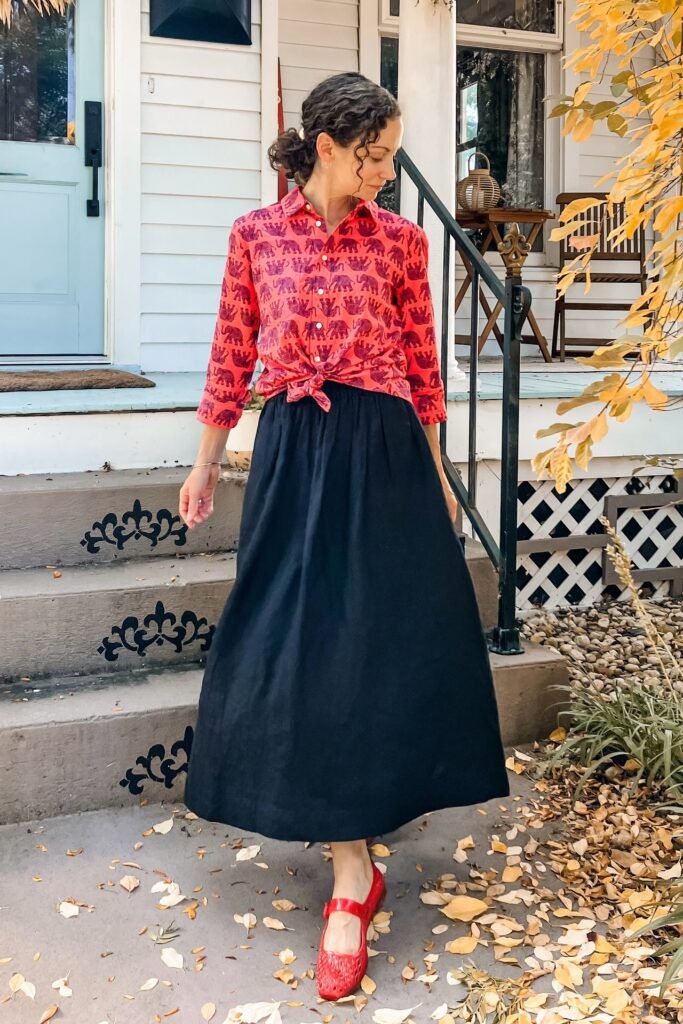 Red Elephant Print Button-Down + Black A-Line Maxi Skirt + Red Mary Jane Flats