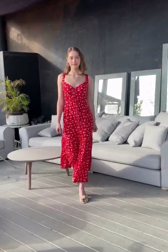 Red Floral Print V-Neck Maxi Dress + Beige Ruffled Slides + Gold Bracelet