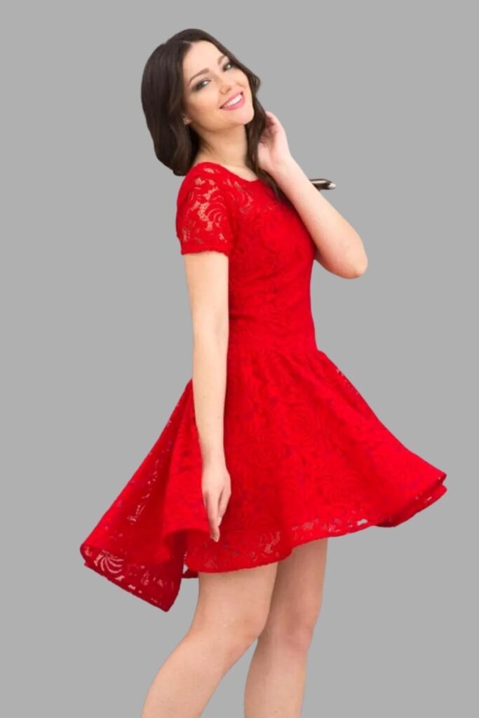 Red Lace Short-Sleeve Mini Dress