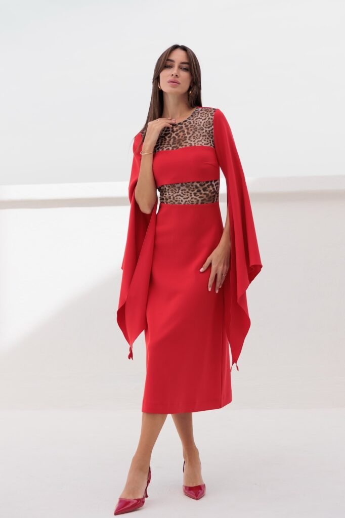 Red Midi Dress with Leopard Print Mesh Panels + Red Pointed-Toe Heels + Gold Earrings
