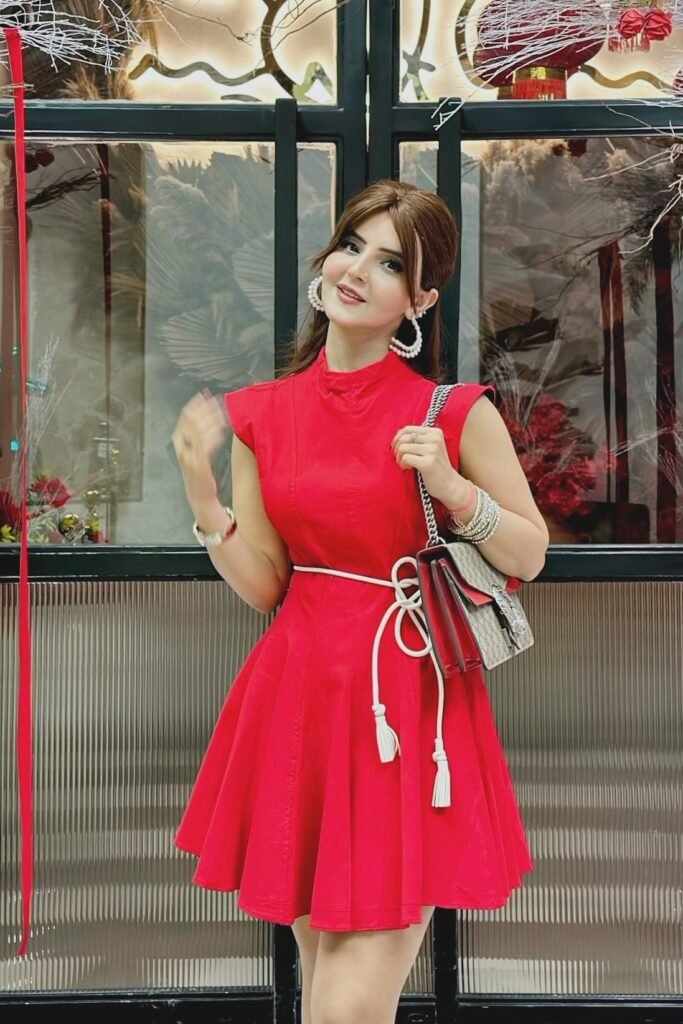 Red Mock-Neck Mini Dress + White Rope Belt + Pearl Hoop Earrings + Grey Monogram Handbag